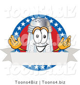 Vector Illustration of a Salt Shaker Mascot over a Blank White Banner on an American Themed Logo by Mascot Junction