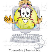 Vector Illustration of a Softball Girl Mascot Waving from a Computer Screen by Mascot Junction