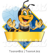 Vector Illustration of a Worker Bee Mascot Logo Mascot over a Blank Banner on a Blue Diamond by Mascot Junction
