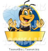 Vector Illustration of a Worker Bee Mascot Logo Mascot over a Blank Banner on a Blue Oval by Mascot Junction