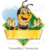 Vector Illustration of a Worker Bee Mascot Logo Mascot over a Blank Banner on a Green Diamond by Mascot Junction