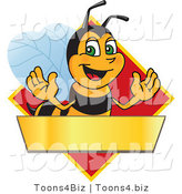 Vector Illustration of a Worker Bee Mascot Logo Mascot over a Blank Banner on a Red Diamond by Mascot Junction