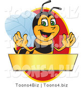 Vector Illustration of a Worker Bee Mascot Logo Mascot over a Blank Banner on a Red Oval by Mascot Junction