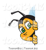 Vector Illustration of a Worker Bee Mascot Looking Around a Blank Sign by Mascot Junction