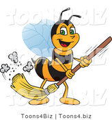 Vector Illustration of a Worker Bee Mascot Sweeping by Mascot Junction
