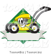 Vector Illustration of a Yellow Cartoon Lawn Mower Mascot Chewing Grass on a Blank Ribbon Label by Mascot Junction