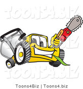 Vector Illustration of a Yellow Cartoon Lawn Mower Mascot Holding up a Saw by Mascot Junction