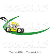 Vector Illustration of a Yellow Cartoon Lawn Mower Mascot on a Logo or Nametag with a Green Dash by Mascot Junction