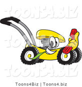 Vector Illustration of a Yellow Cartoon Lawn Mower Mascot Passing by with a Red Telephone by Mascot Junction