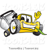 Vector Illustration of a Yellow Cartoon Lawn Mower Mascot Waving and Eating Grass by Mascot Junction