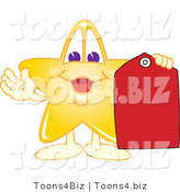 Vector Illustration of a Yellow Cartoon Star Mascot Holding a Red Price Tag by Mascot Junction
