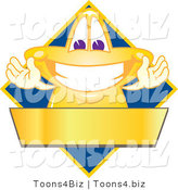 Vector Illustration of a Yellow Cartoon Star Mascot Logo over a Blue Diamond and Blank Gold Banner by Mascot Junction