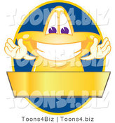 Vector Illustration of a Yellow Cartoon Star Mascot Logo over a Blue Oval and Blank Gold Banner by Mascot Junction