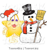 Vector Illustration of a Yellow Cartoon Star Mascot with a Snowman by Mascot Junction