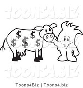 Vector Illustration of an Outlined Cartoon CharacterPetting Cash Cow with Dollar Signs by Mascot Junction