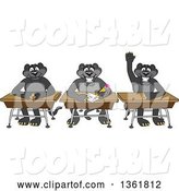 Vector Illustration of Black Panther School Mascots Sitting at Desks, One Raising His Hand, Symbolizing Respect by Mascot Junction