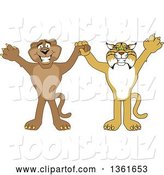 Vector Illustration of Bobcat and Cougar School Mascots Holding Hands and Cheering, Symbolizing Teamwork and Sportsmanship by Mascot Junction