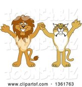 Vector Illustration of Cartoon Lion and Bobcat Mascots Holding Hands and Cheering, Symbolizing Sportsmanship by Mascot Junction