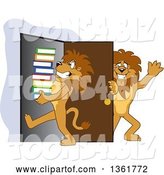 Vector Illustration of Cartoon Lion Mascot Holding a Door Open for a Friend Carrying a Stack of Books, Symbolizing Compassion by Mascot Junction