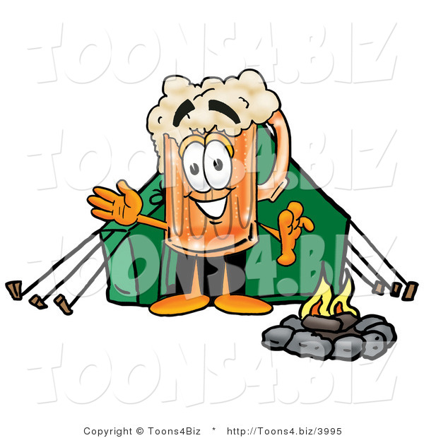 Illustration of a Beer Mug Mascot Camping with a Tent and Fire