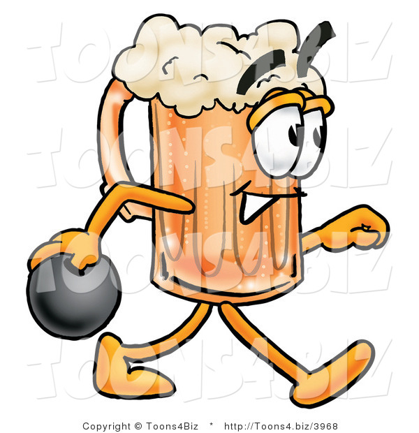 Illustration of a Beer Mug Mascot Holding a Bowling Ball