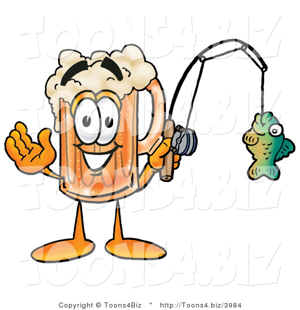 Illustration of a Beer Mug Mascot Holding a Fish on a Fishing Pole