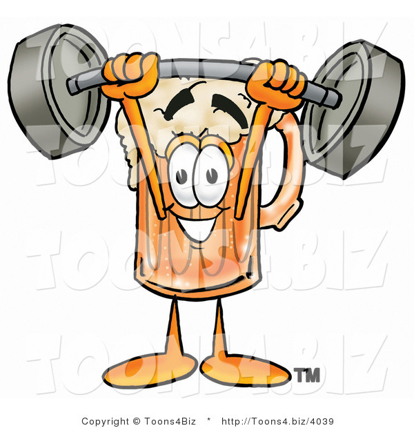Illustration of a Beer Mug Mascot Holding a Heavy Barbell Above His Head