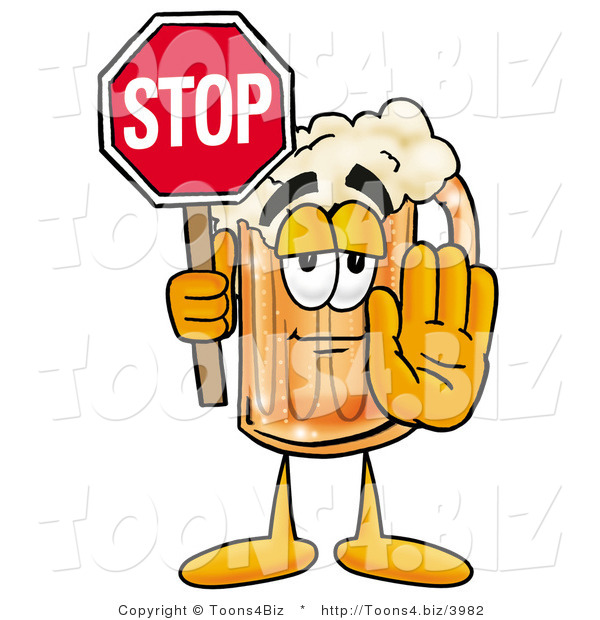 Illustration of a Beer Mug Mascot Holding a Stop Sign