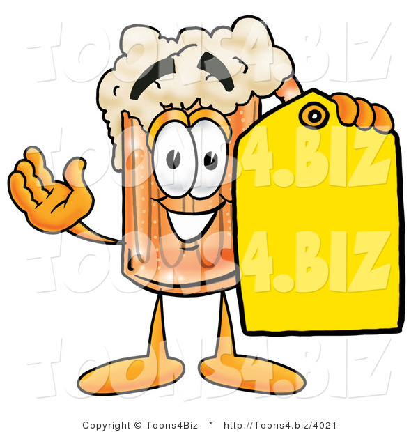 Illustration of a Beer Mug Mascot Holding a Yellow Sales Price Tag