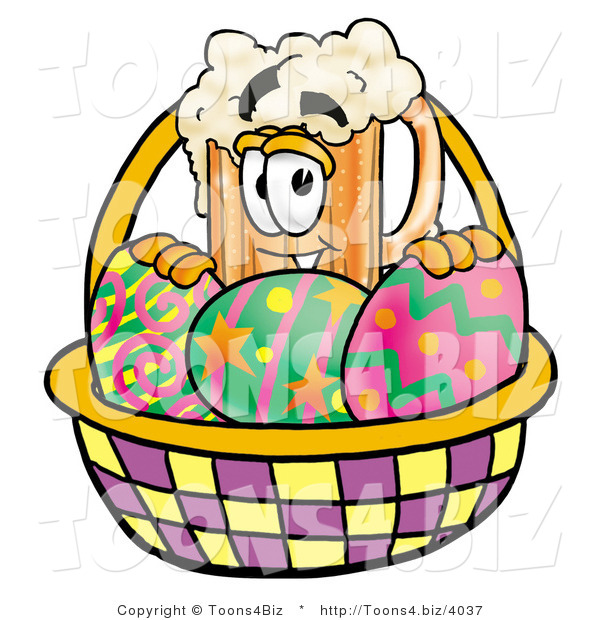 Illustration of a Beer Mug Mascot in an Easter Basket Full of Decorated Easter Eggs