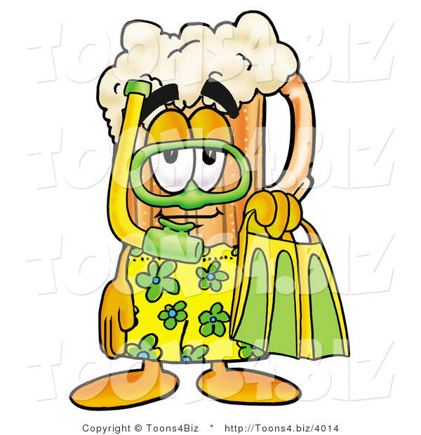 Illustration of a Beer Mug Mascot in Green and Yellow Snorkel Gear
