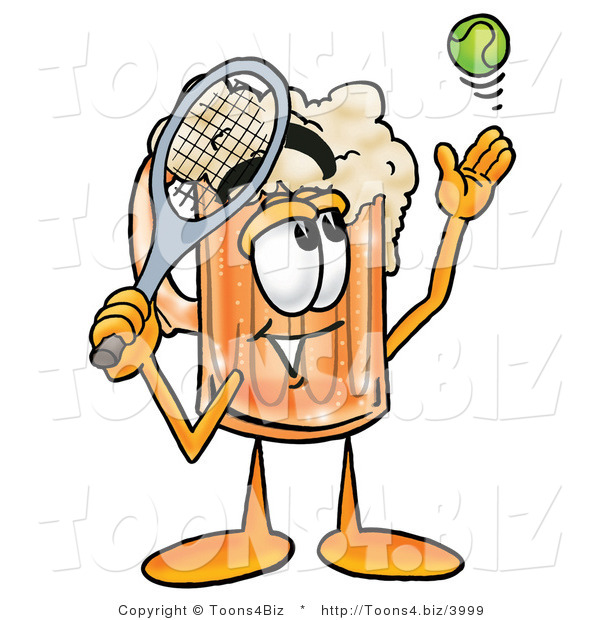 Illustration of a Beer Mug Mascot Preparing to Hit a Tennis Ball