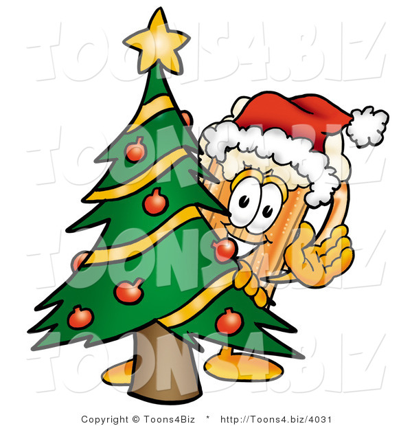 Illustration of a Beer Mug Mascot Waving and Standing by a Decorated Christmas Tree