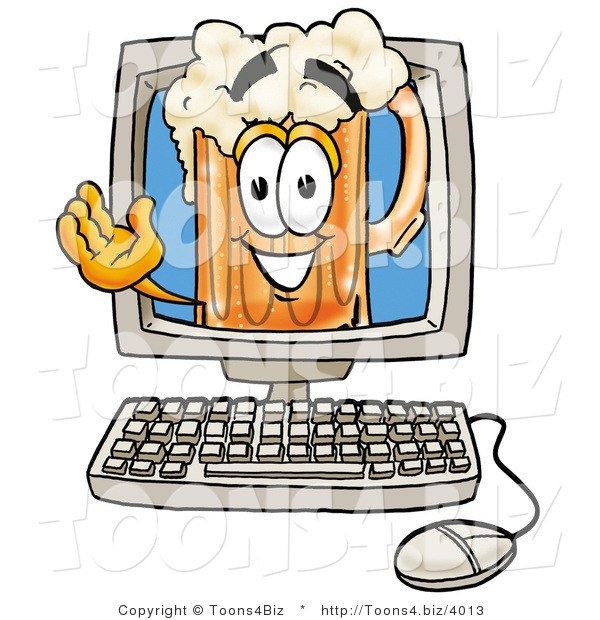 Illustration of a Beer Mug Mascot Waving from Inside a Computer Screen