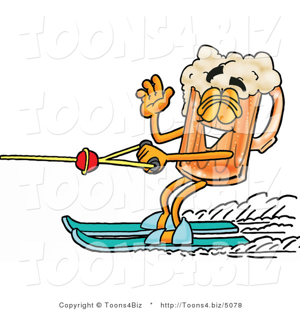 Illustration of a Beer Mug Mascot Waving While Passing by on Water Skis
