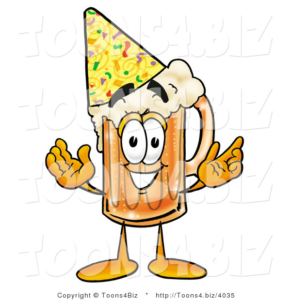 Illustration of a Beer Mug Mascot Wearing a Birthday Party Hat