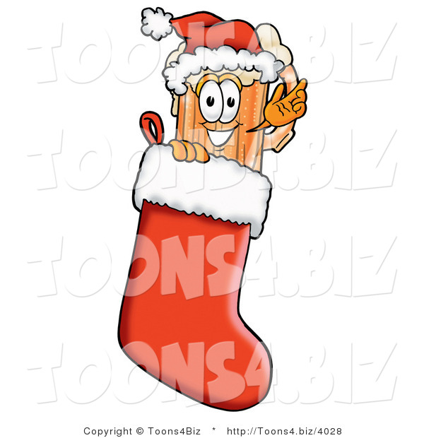 Illustration of a Beer Mug Mascot Wearing a Santa Hat Inside a Red Christmas Stocking