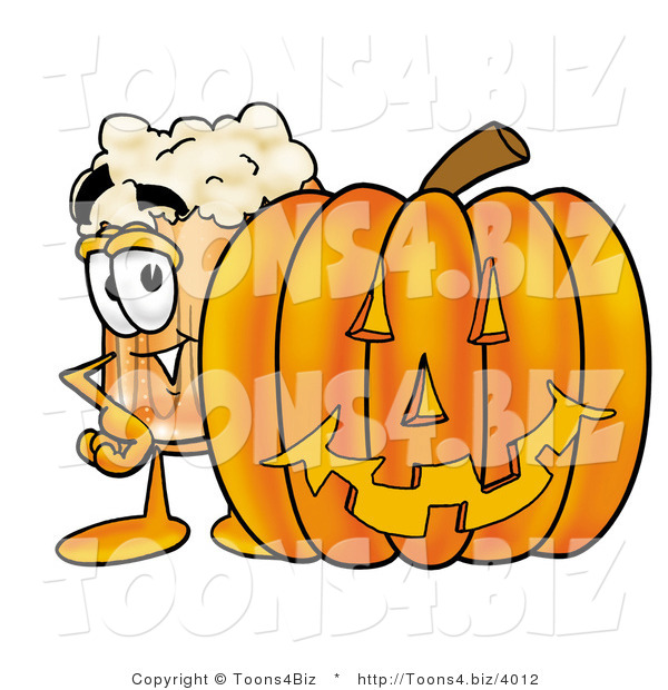 Illustration of a Beer Mug Mascot with a Carved Halloween Pumpkin