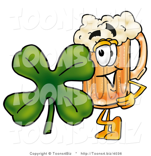 Illustration of a Beer Mug Mascot with a Green Four Leaf Clover on St Paddy's or St Patricks Day