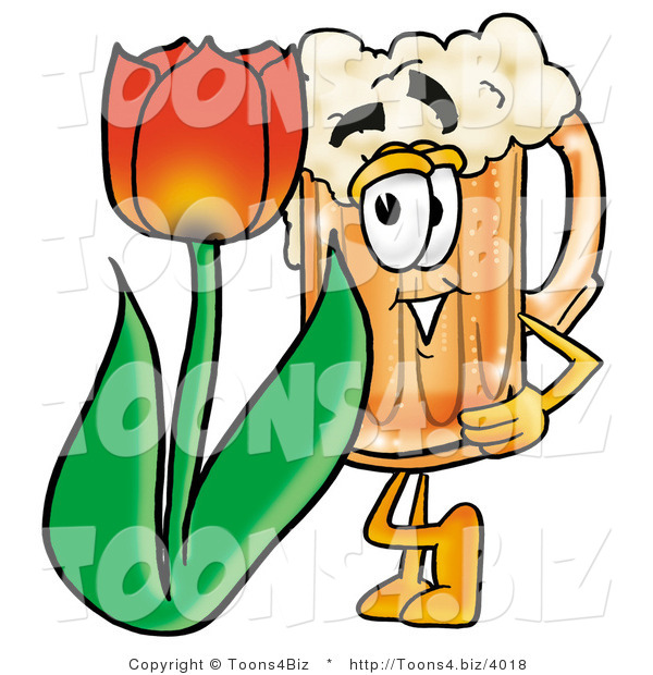 Illustration of a Beer Mug Mascot with a Red Tulip Flower in the Spring