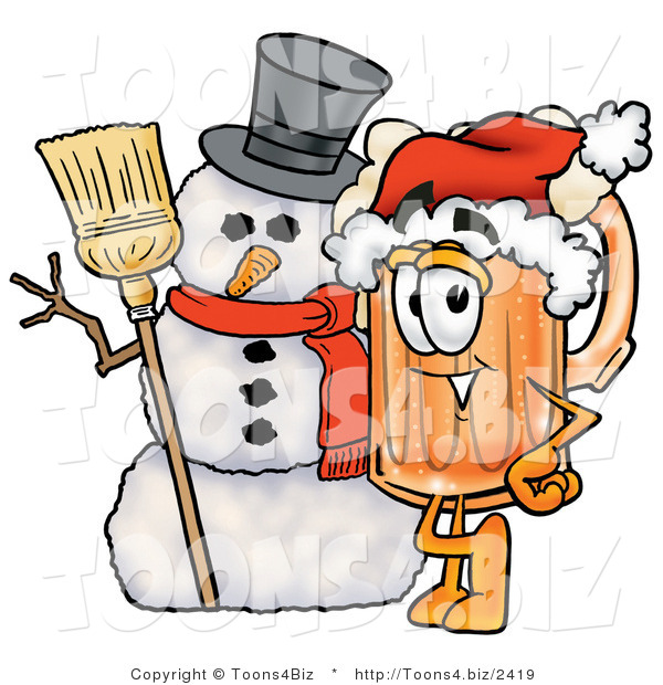 Illustration of a Beer Mug Mascot with a Snowman on Christmas