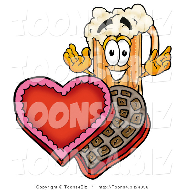 Illustration of a Beer Mug Mascot with an Open Box of Valentines Day Chocolate Candies