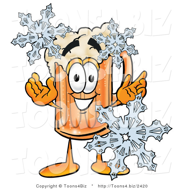 Illustration of a Beer Mug Mascot with Three Snowflakes in Winter