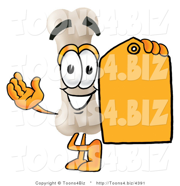 Illustration of a Bone Mascot Holding a Yellow Sales Price Tag