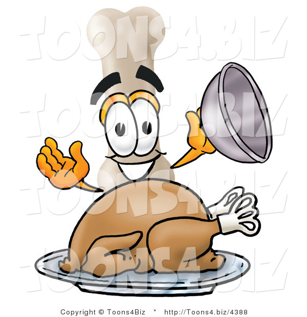 Illustration of a Bone Mascot Serving a Thanksgiving Turkey on a Platter