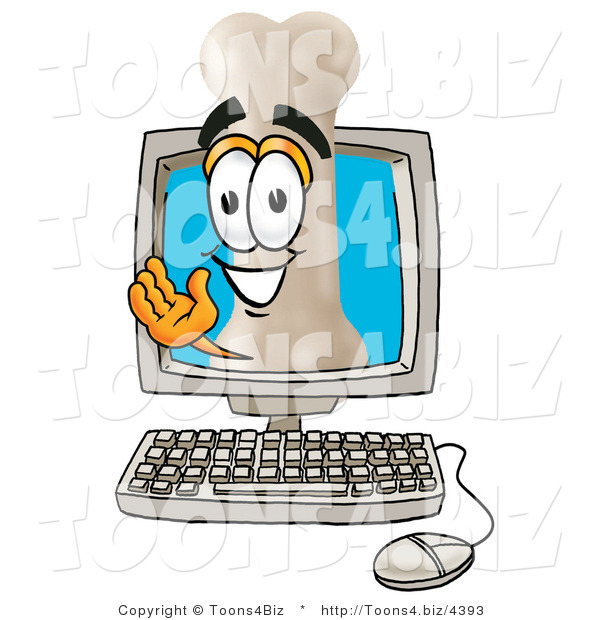 Illustration of a Bone Mascot Waving from Inside a Computer Screen