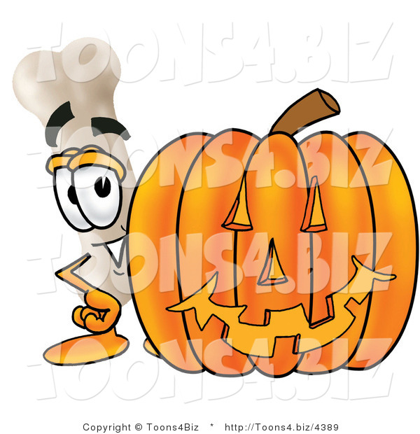 Illustration of a Bone Mascot with a Carved Halloween Pumpkin