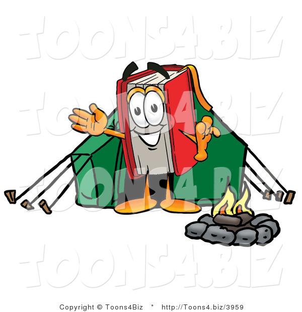 Illustration of a Book Mascot Camping with a Tent and Fire
