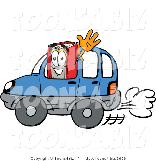 Illustration of a Book Mascot Driving a Blue Car and Waving