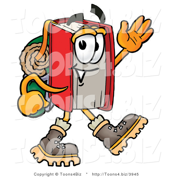 Illustration of a Book Mascot Hiking and Carrying a Backpack